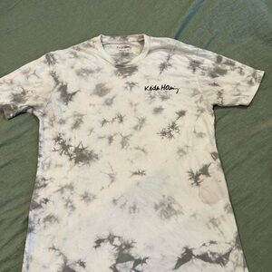 Keith Haring, big bang graphic, gray tie-dye shirt